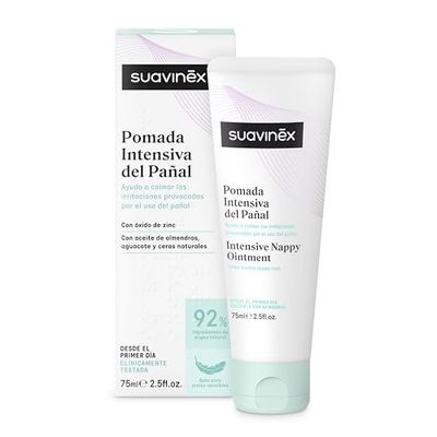 Suavinex Fralda intensiva para bebé, creme com óxido de zinco, adequada para peles muito sensíveis e recém-nascidos, 92% ingredientes de origem natural, com textura viscosa, 75 ml