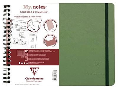 Clairefontaine 782463C Age Bag A Spiral Notebook with Detachable Margins My.Notes Green - B5 Landscape 25x19 cm - 120 Lined Detachable Pages - 90 g White Paper - Glossy Leather Grain Card Cover