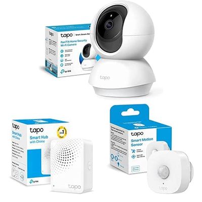 TP-Link Bundle of Cámara Wi-Fi Interior 3 MP (2K) + Tapo H100 Smart Hub + 2X Tapo T100 Detector de Movimiento