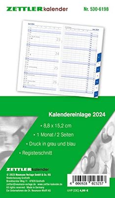 Calendar Replacement Insert 2024 - for Pocket Planner Type 530-8.8 x 15.2 cm - 1 Month on 2 Pages - Register Cut - Separate Address Book - Notebook - 530-6198