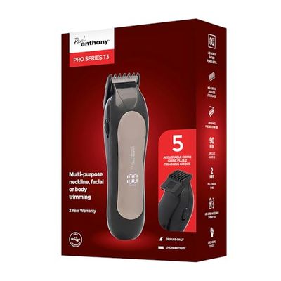 Paul Anthony Pro Series T3 Beard and Neckline Lithium LCD Trimmer - 25mm Precision Detail Trimming - High Carbon Blades - 2-10mm Adjustable Comb Guide - Fixed Trimming Guides 3/5mm - H5123L