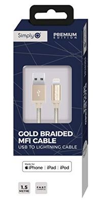 Simply BLAC06 MFI Lightning to USB 1.5 m Long Braided Fast Charging Cable for iPhone 11/SE/12/13+Pro, iPad, Air, Pro &Mini and Other Apple Devices, Gold