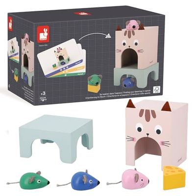 Janod - Gama Pedagogía - Orientarse En El Espacio Gato y Ratón - 6 Accesorios de Madera + 12 Cartas - Juguete Educativo Infantil - A Partir de 36 Meses, J05078