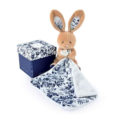 DOUDOU ET COMPAGNIE - Doudou Lapin Pantin Marine Marron Avec Mouchoir - Collection Boh'aime - 12 cm - Jolie Boîte Cadeau Souvenir - Idée Cadeau Naissance Bébé - Garantie Doudou Perdu - DC4016