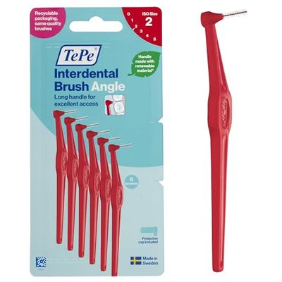 TePe Interdental Brush Angle, Red, 0.5mm/ISO 2, 6pcs, Interspace Cleaning, Plaque Remover for Teeth with Narrow Gaps, ensures Strong Gums and Teeth, Carton Pack