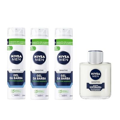 NIVEA MEN Sensitive Cofanetto con Gel da Barba 3 x 200 ml e Balsamo Dopobarba Uomo 100 ml, Kit barba uomo lenitivo e nutriente per la rasatura della pelle sensibile – Kit Esclusiva Amazon