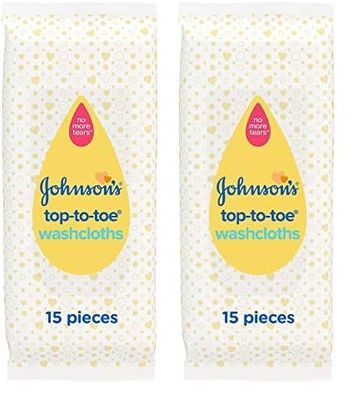 Johnson's Baby Top-To-Toe Washcloths 15 Pieces - Pre-Moistened Washcloths for Sensitive Skin (Pack of 2)