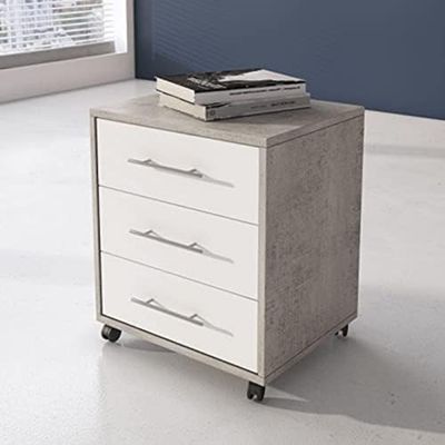 Dmora Commode de bureau avec 3 tiroirs sur roulettes, porte-documents, table de chevet de bureau élégante, cm 43x40h57, couleur Ciment et Blanc