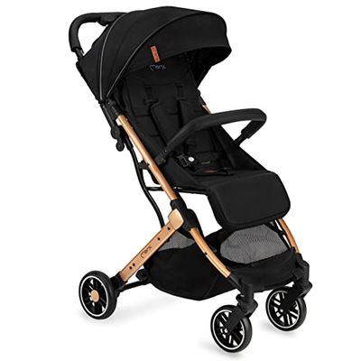 MOMI ESTELLE kinderwagen voor kinderen van 6 maanden tot een maximaal lichaamsgewicht van 15 kg, H105 x B51 x D75 cm, opvouwbaar tot de afmetingen H65 x B51 x D21 cm, gewicht 7,5 kg, 5-punts veiligheidsgordel, zwart en goud