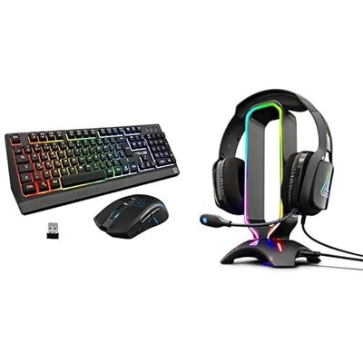 The G-Lab Combo Tungsten - Ensemble Clavier et Souris Gamer sans Fil Rétro Éclairés - Clavier Gaming Wireless AZERTy + Souris Gamer Wireless & K-Stand Radon Support pour Casque/Micro-Casque Gaming