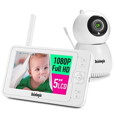 sainlogic Babyphone Vidéo, Baby Phone Caméra sans Fil avec 5” 1080P LCD, 140m de portée, VOX, Vision Nocturne, Communication Bidirectionnelle, Capteur de Température, Berceuses (Blanc Perle)