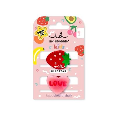 invisibobble CLIPSTAR GLOW KIDS FRUTTI STRAWBERRY - 2 fermagli per capelli brillanti per bambini, lucidi, antiscivolo, per capelli sani, design fragola e cuore con scritta "Love"