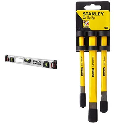 Stanley 1-43-554 Nivel Fatmax con base magnética 60 cm + Juego de 3 cinceles de albañil 4-18-298, Blanco, Estandar, Set de 3 Piezas