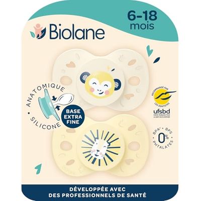 BIOLANE - Tétines anatomiques animaux - Sucettes extra-fines - 6 à 18 mois -Jaune et Beige - Téterelle plate et réversible - Confort optimal- Respect du développement bucco-dentaire