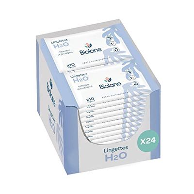 BIOLANE - Chusteczki dziecięce H2O do wody - Kieszeń - Dziecko - Zestaw 24x10 (240 chusteczek) - Skóra wrażliwa - Czyści i chroni twarz i siedzisko - Wyprodukowano we Francji