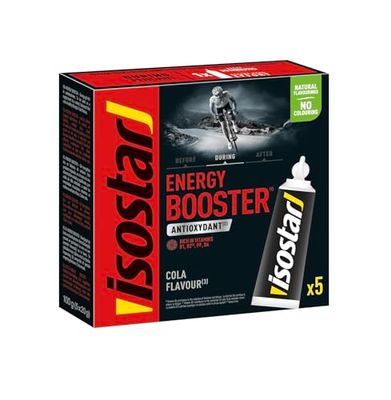 Isostar Gel energético Energy Booster sabor Cola, 16g de glúcidos/gel, con vitaminas B1, B2, B6 y cafeína. 100g (5x20g)