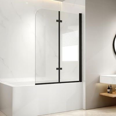 EMKE Parete doccia per vasca da bagno, 100 x 140 cm, colore nero, 2 pezzi, pieghevole, per vasca da bagno, doccia da 6 mm, in vetro di sicurezza