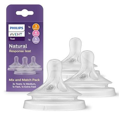 Philips Avent Natural Response Mix & Match-speenset, 3 Natural Response-spenen met verschillende toevoersnelheden: gemiddeld (snelheid 3), snel (snelheid 4) en extra snel (sd 5), set van 3, SCY960/03