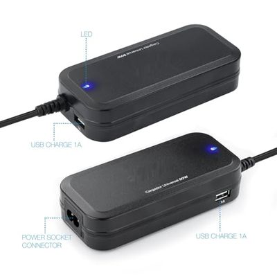Cargador portátil 90W para auto con 2 puertos USB y 12 conectores, ideal para cargar dispositivos electrónicos en viajes.