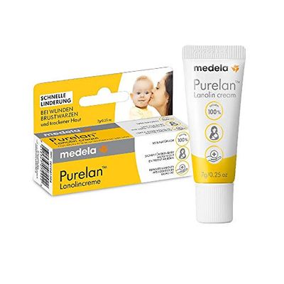 Medela Purelan - Crema de lanolina de 7 g, ayuda rápida para pezones estresados y piel seca, 100% natural, hipoalergénica, dermatológicamente probada y sin fragancia