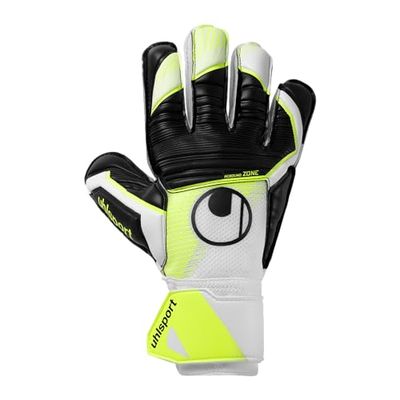 uhlsport Soft Advanced Gants de Gardien de But de Football - Enfants et Adultes - Fixation du Poignet, Blanc/Jaune Fluo/Noir, 9.5