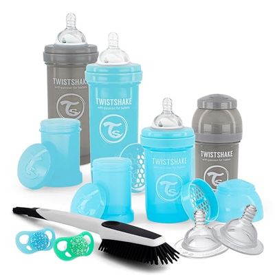 Twistshake Newborn Starter Zestawy Butelek, 9 st - 4x Antykoliczna Butelka, 2x Smoczki, 2x Duża Smoczki na Butelki, 1x Szczotka do Butelek, 0+ Miesięcy, Chłopak