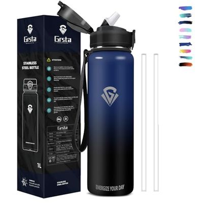 Grsta Termisk flaska, 1 liter vattenflaska, vattenflaska med sugrör, BPA-fri, vakuum med dubbelvägg, läckagesäker stål termisk vattenflaska, metallflaska för sport, camping, gym