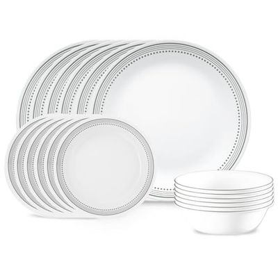 Corelle 18-piece Dinner Set, Mystic Grey, Service for 6, Chip Resistant Dinnerware, includes 26cm dinner plates, 17cm salad / side plates and 530ml soup / cereal bowls