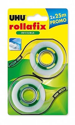 UHU Rollafix invisible - Ruban adhésif, invisible, transparent, sans solvants, lot de 2 dévidoirs avec recharge 25 m x 19 mm
