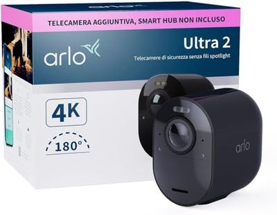 Arlo Ultra 2 Telecamera WiFi Esterno Senza Fili, Telecamera WiFi Interno, 4K UHD, Sirena Allarme Casa, Sensore Di Movimento, Stazione Base Necessaria (Venduta A Parte), 1 Telecamera Aggiuntiva, Nera