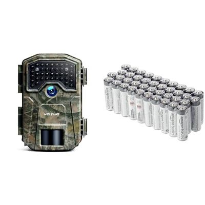 WOLFANG Fototrappola 36MP HD, Fotocamera Caccia con 38 LED a Infrarossi Invisibili 940nm & Amazon Basics Batterie industriali alcaline AA, confezione da 40