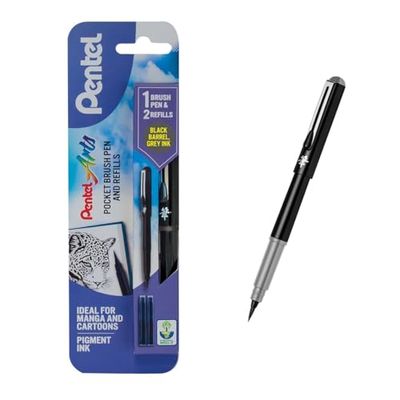 Pentel Refillable Pocket Brush Pen - With 2 Grey Ink Cartridges - Black Barrel