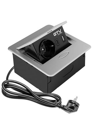 GTV - Presa per mobili AVARO, 1 presa Schuko, USB A+C, lunghezza cavo 1,5 m, colore argento, per scrivania, tavolo, cucina e ufficio | Dimensioni compatte