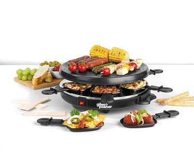Giles & Posner EK4511G Electric Round Non-Stick Raclette Grill - Indoor Tabletop 6 Person Raclette, Non-Stick Grill Pans, Includes Spatulas, Approx. Plate Size 29 cm, 800 W, Party Food Machine, Buffet