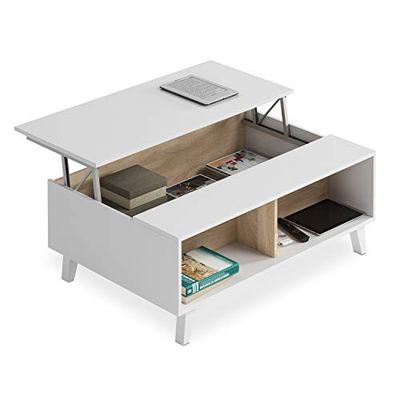 Habitdesign Mesa de centro elevável, sala de jantar sala de estar, modelo Zaiken Plus, cor branco brilho e carvalho canadian, medidas: 100 cm (largura) x 38/48 cm (altura) x 68 cm (fundo)