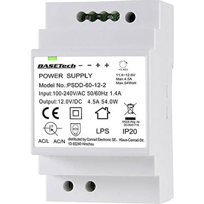 Basetech BT-2250320 DIN-skena nätaggregat 12 V 4.5 A 54 W Antal utgångar:2 x Innehåll 1 st