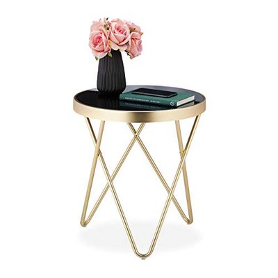 relaxdays Tavolino Rotondo da Soggiorno, Acciaio, Vetro, Tavolo da Salotto, Lucido, Design Retrò, HxD 46x42 cm, Nero Oro