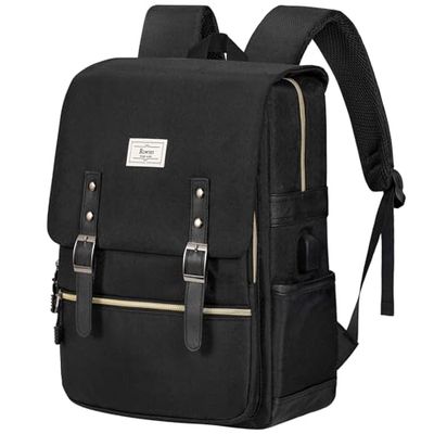Ronyes Zaino vintage per computer portatile da 15,6 pollici, stile casual, con porta di ricarica USB, per lavoro universitario, zaino nero