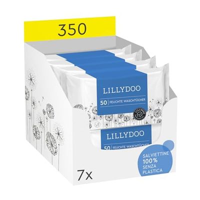 LILLYDOO Chusteczki czyszczące 350 szt. (7 x 50), 100% bez plastiku, rozmiar XL, 99% wody