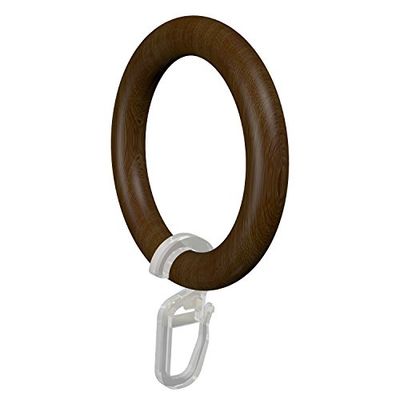 Flair Deco Anéis com ganchos, cortina anéis para varão de cortina (28 mm de diâmetro, 16 unidades, madeira, lacada a cor nogueira, 57/41 mm