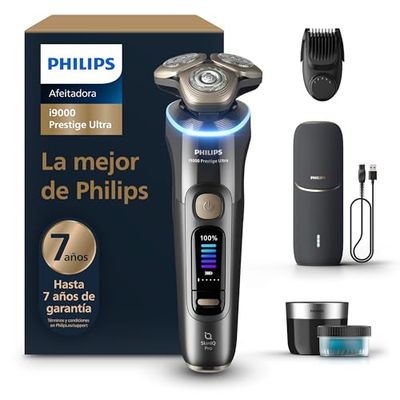 Philips i9000 Prestige Ultra, Afeitadora Eléctrica Hombre, Máquina de Afeitar Barba en Seco y Mojado, Tecnología SkinIQ Pro, Recargable, Centro de limpieza, Recortador, Estuche de Carga UV, XP9402/46