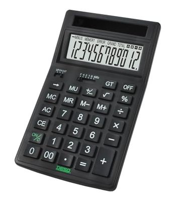 DESQ Calcolatrice da scrivania ecologica – Display a 12 cifre, grande, MU, GT, alimentazione solare, 4 tasti di memoria, piedini in gomma