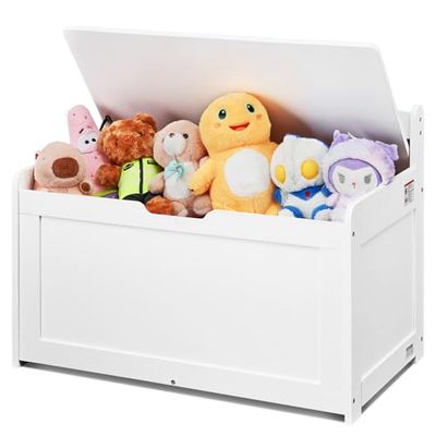 VEVOR Coffre à Jouets en Bois 83x45,5x60,9 cm, Boîte de Rangement pour Enfants avec Couvercle Rabattable et Charnière de Sécurité, Grand Meuble de Rangement, pour Salle de Jeux Salon Entrée, Blanc
