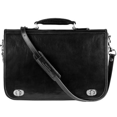 Time Resistance Porte-Documents en Cuir Italien Pleine Fleur pour Hommes Sac à Bandoulière Détachable Fabriqué à la Main pour Ordinateur Portable 15 Pouces (Noir)