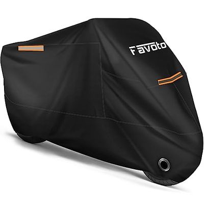 Favoto Motorcycle Cover All Season Universal Weather Quality Waterproof Sun Outdoor Protection Durable Night Reflective with Lock-Holes & Storage Bag Fits up to 96.5" Motorcycles Vehicle Cover