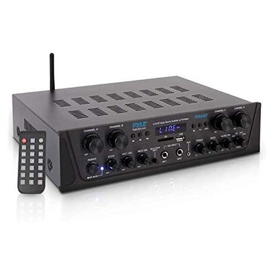 Pyle Bluetooth Versterker - Karaoke Draadloze Audioversterker - 4-Kanaals Stereo Audio Thuisbioscoop Luidspreker - Geluid Vermogensontvanger met AUX IN, FM, RCA - Subwoofer Luidsprekers