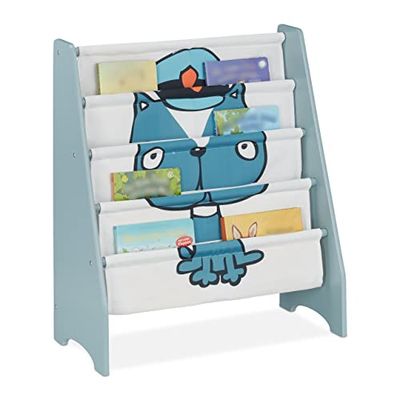 Relaxdays kinderboekenkast, hondenprint, 4 vakken, MDF & stof, HxBxD: 71 x 61,5 x 30 cm, kinderkast boeken, blauw/wit