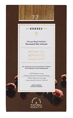 Korres Coloration Permanente aux Extraits Végétaux - Couvre 100% des Cheveux Blancs - Sans Ammoniaque, Sans PPD - 7.7 Blond Marron