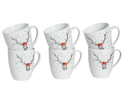 CreaTable, 21497, Serie Luna Hirsch, 6-teiliges Geschirrset für 6 Personen, Becherset aus Porzellan, spülmaschinen- und mikrowellengeeignet, Qualitätsproduktion