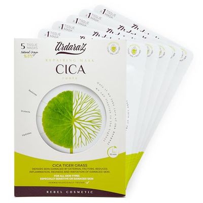 Ardaraz Mascarilla Facial Hidratante Reparadora con Concentrado de Cica y Acido Hialurónico. Mascarillas para la cara con Potente acción Hidratante y Antiarrugas. Pack de 5